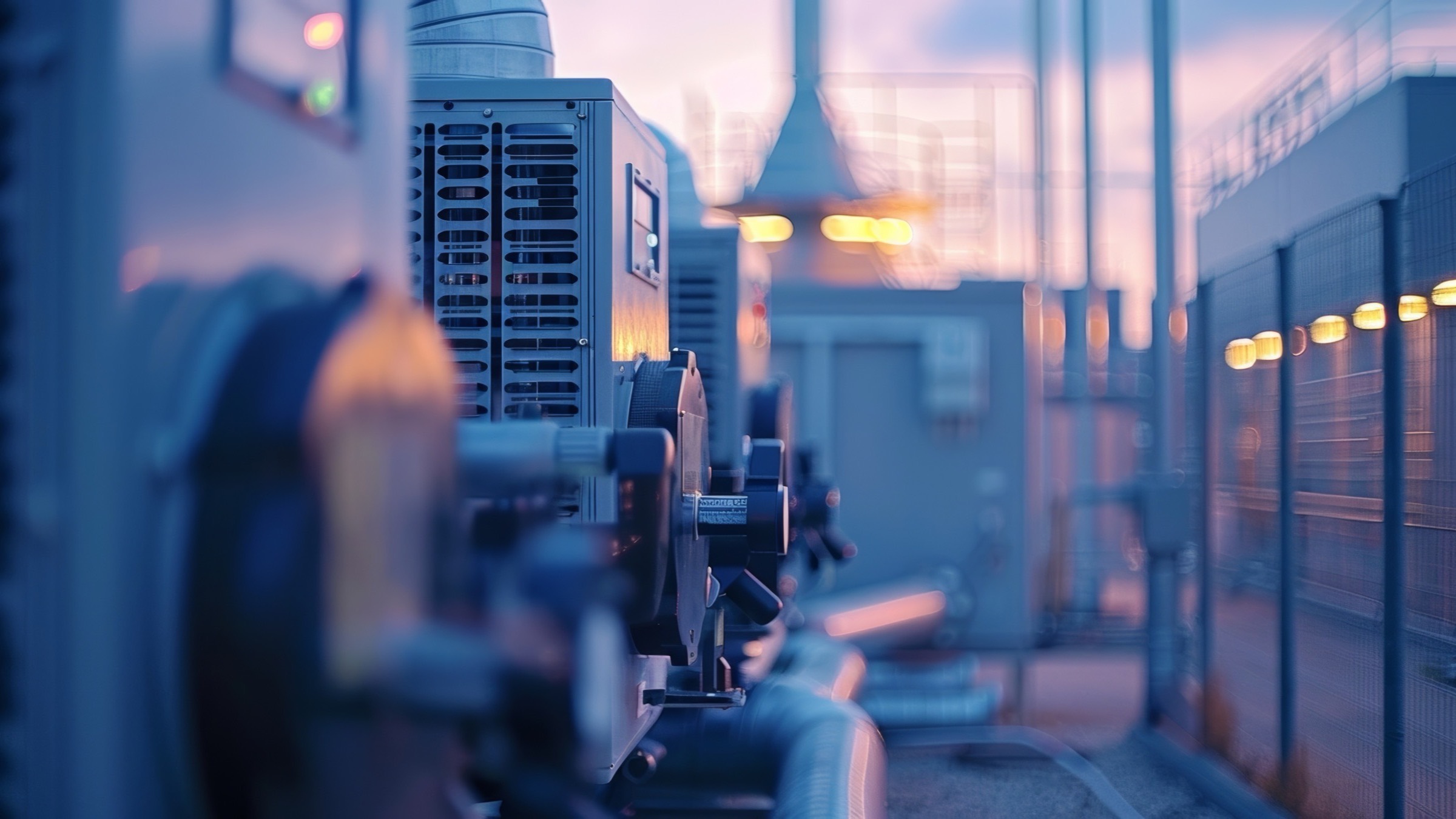 Mechanical plant and switchgear enclosures on a fenced compound at dusk.